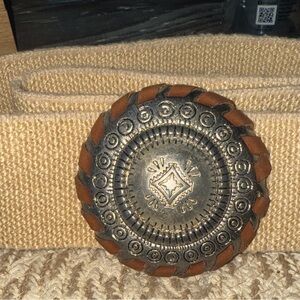 Concho Beige Textured Belt with Intricate Metal Buckle Made in USA